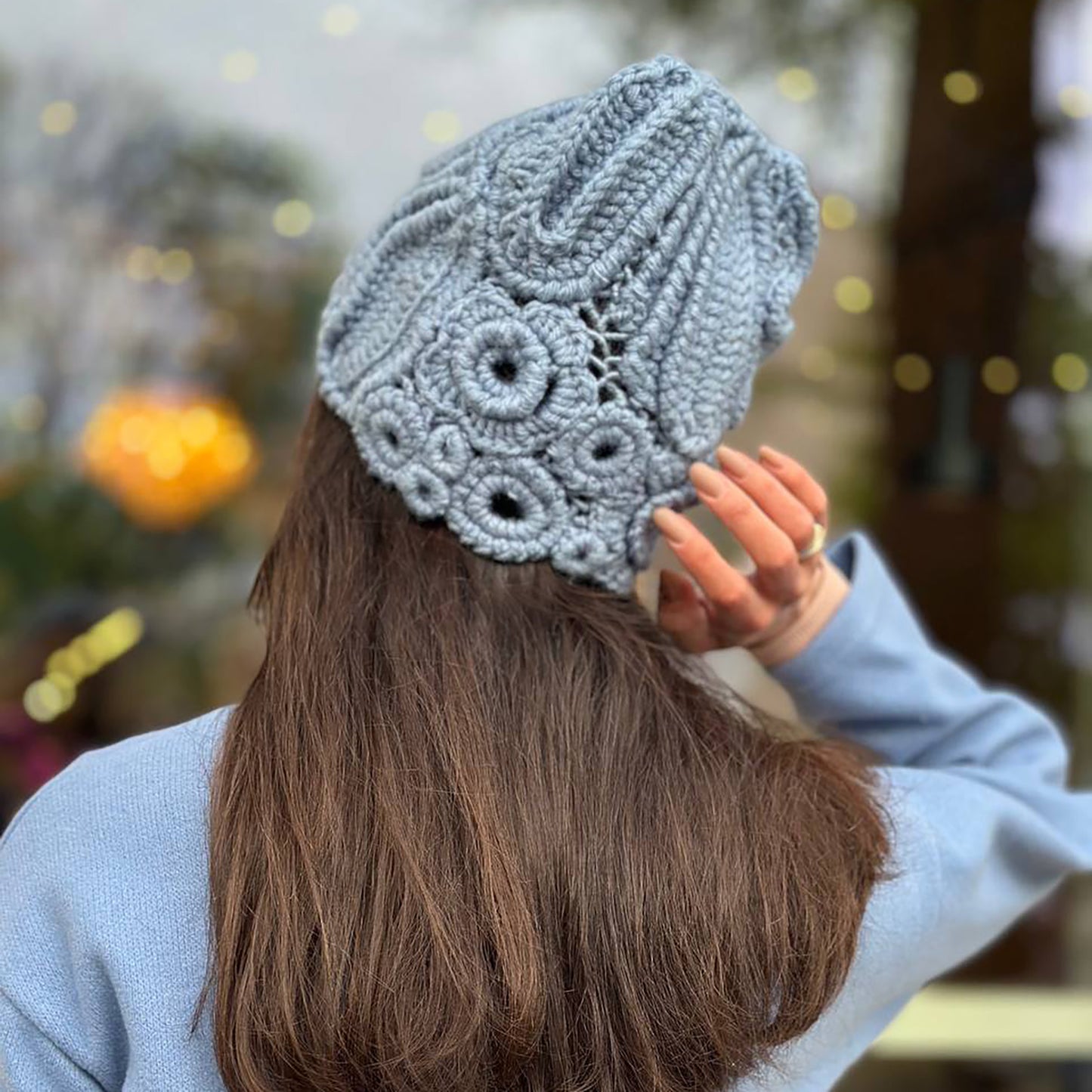 Light Blue Irish Crochet Hat – Handcrafted Winter Elegance