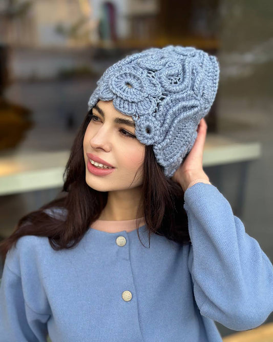 Light Blue Irish Crochet Hat – Handcrafted Winter Elegance