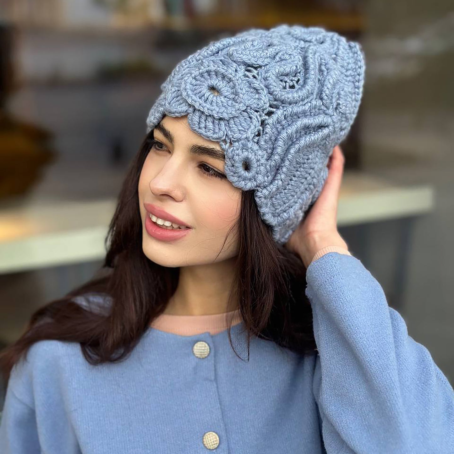 Light Blue Irish Crochet Hat – Handcrafted Winter Elegance