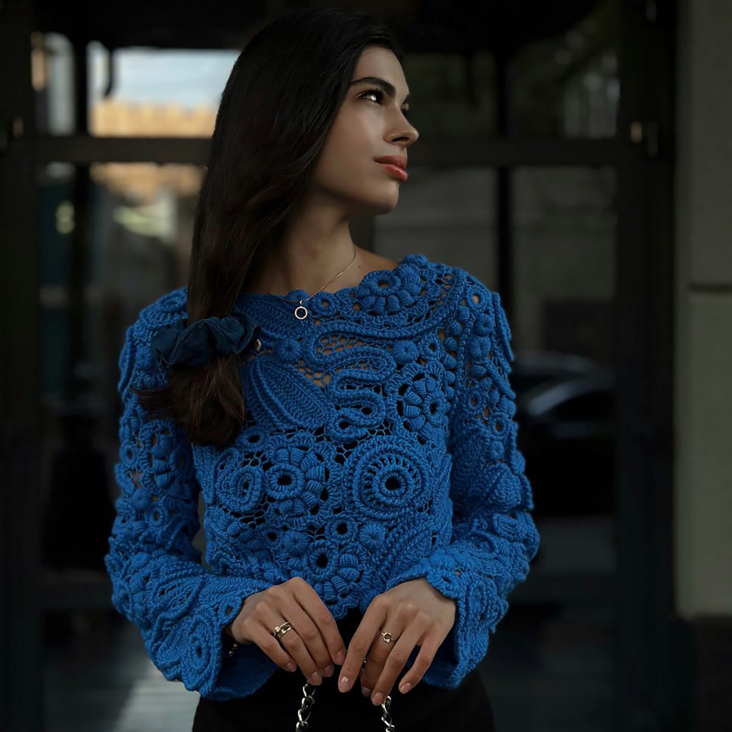 Blue Irish Crochet Sweater – Handmade Luxury Lace Pullover