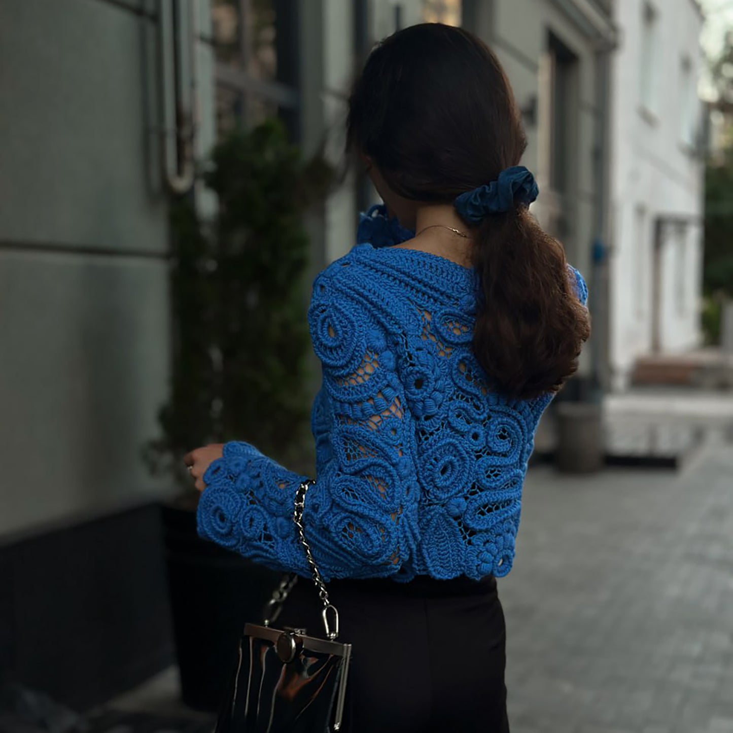 Blue Irish Crochet Sweater – Handmade Luxury Lace Pullover
