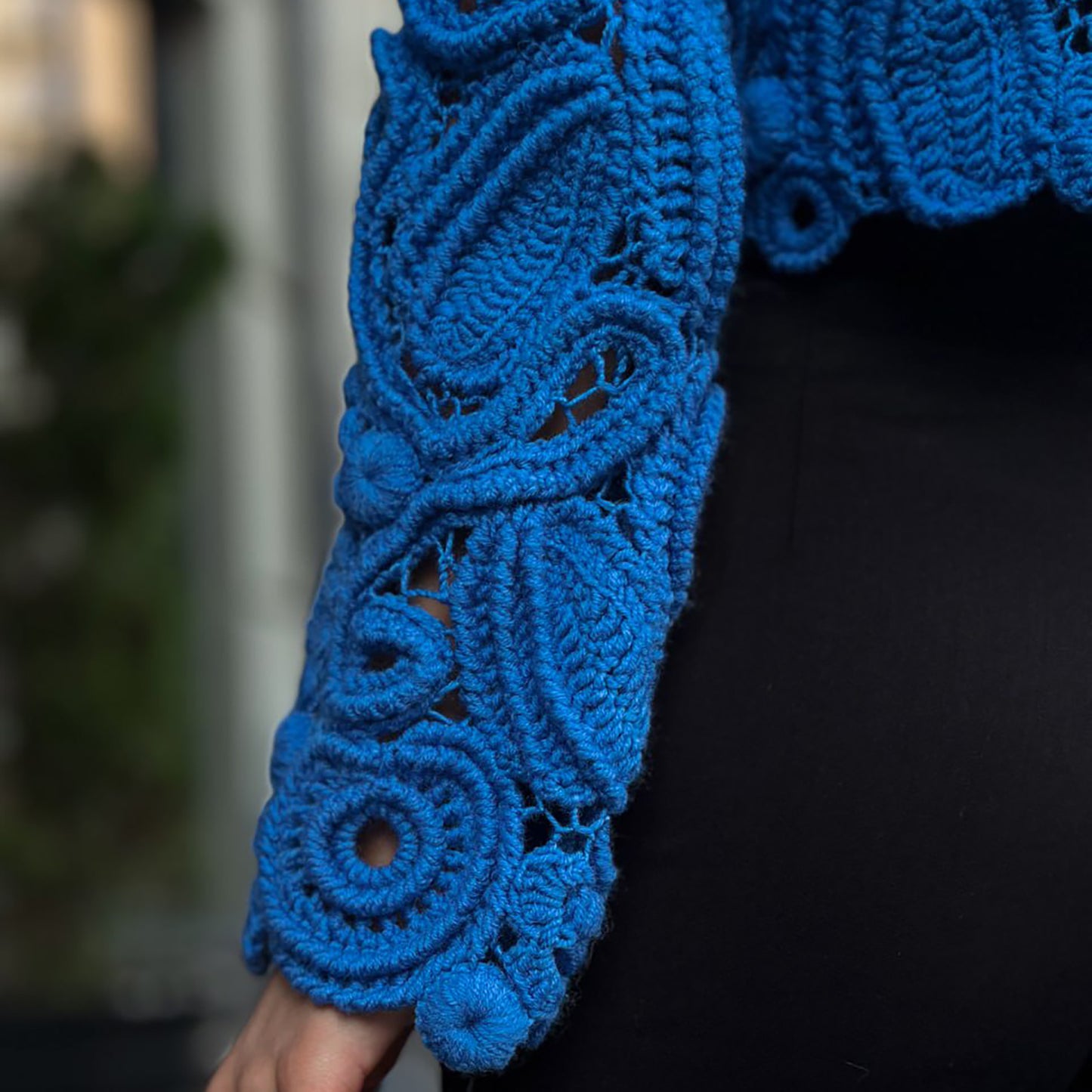 Blue Irish Crochet Sweater – Handmade Luxury Lace Pullover