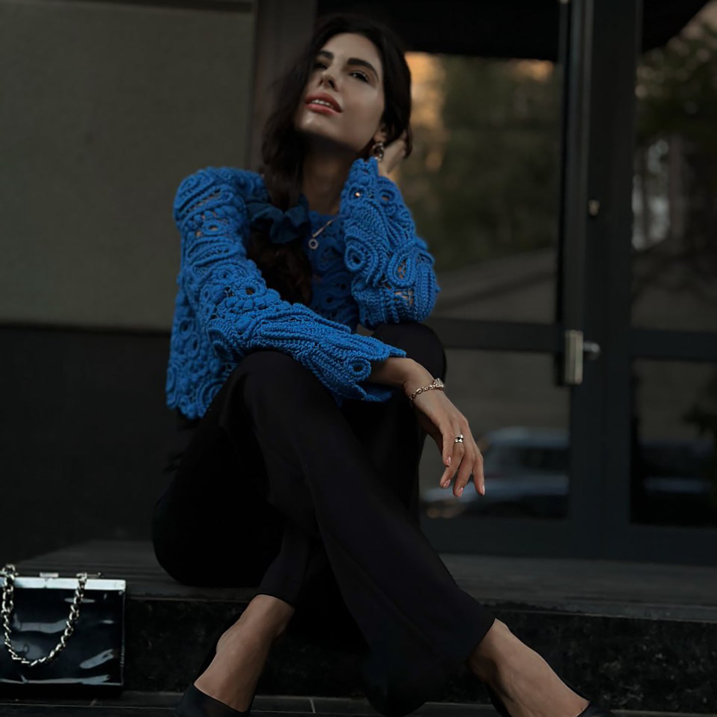 Blue Irish Crochet Sweater – Handmade Luxury Lace Pullover