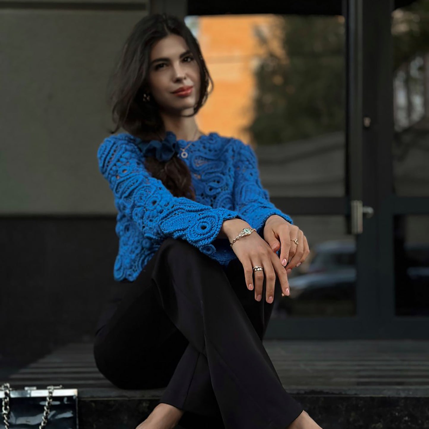 Blue Irish Crochet Sweater – Handmade Luxury Lace Pullover
