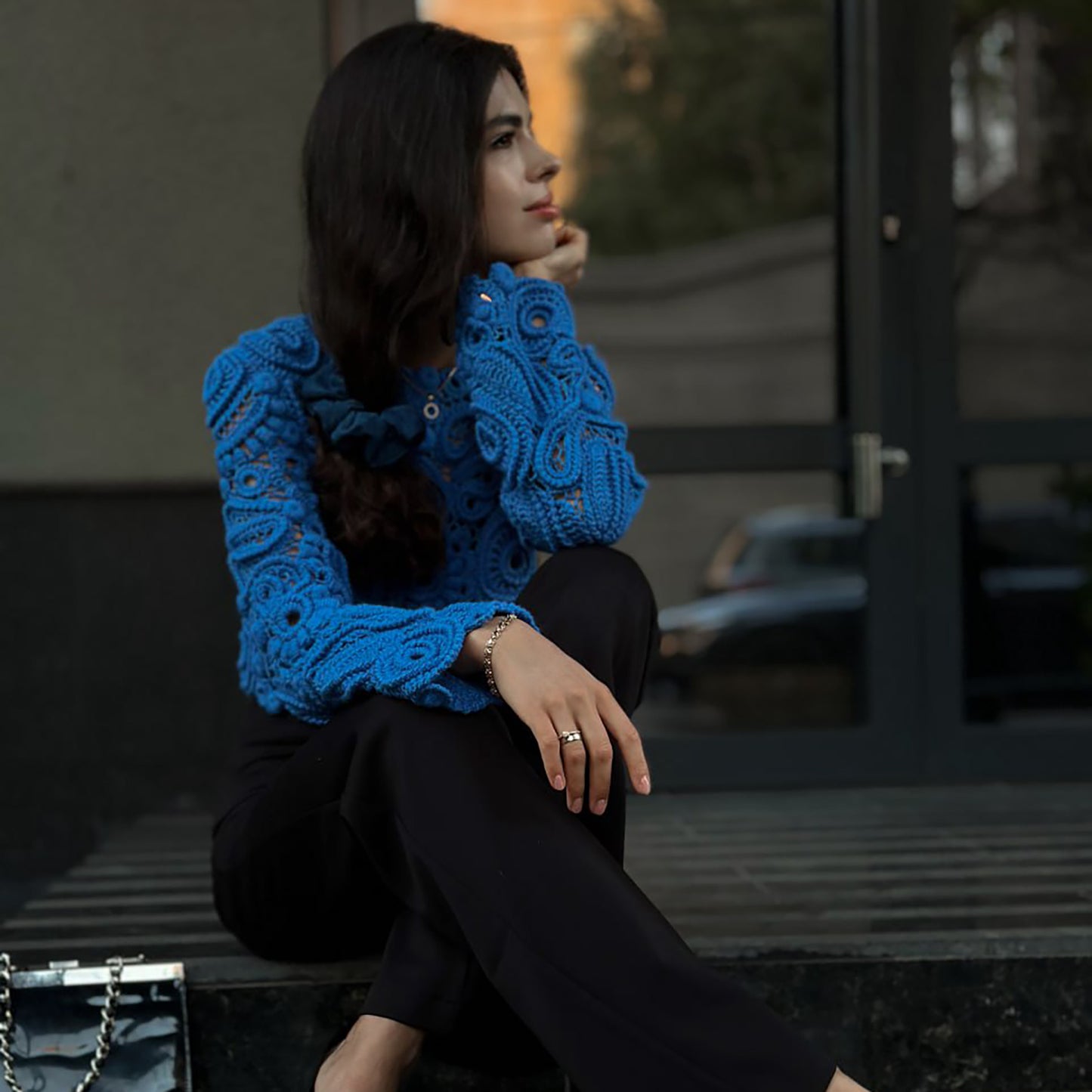Blue Irish Crochet Sweater – Handmade Luxury Lace Pullover