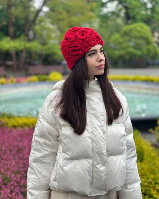 Red Irish Crochet Hat – Handmade Statement Winter Style