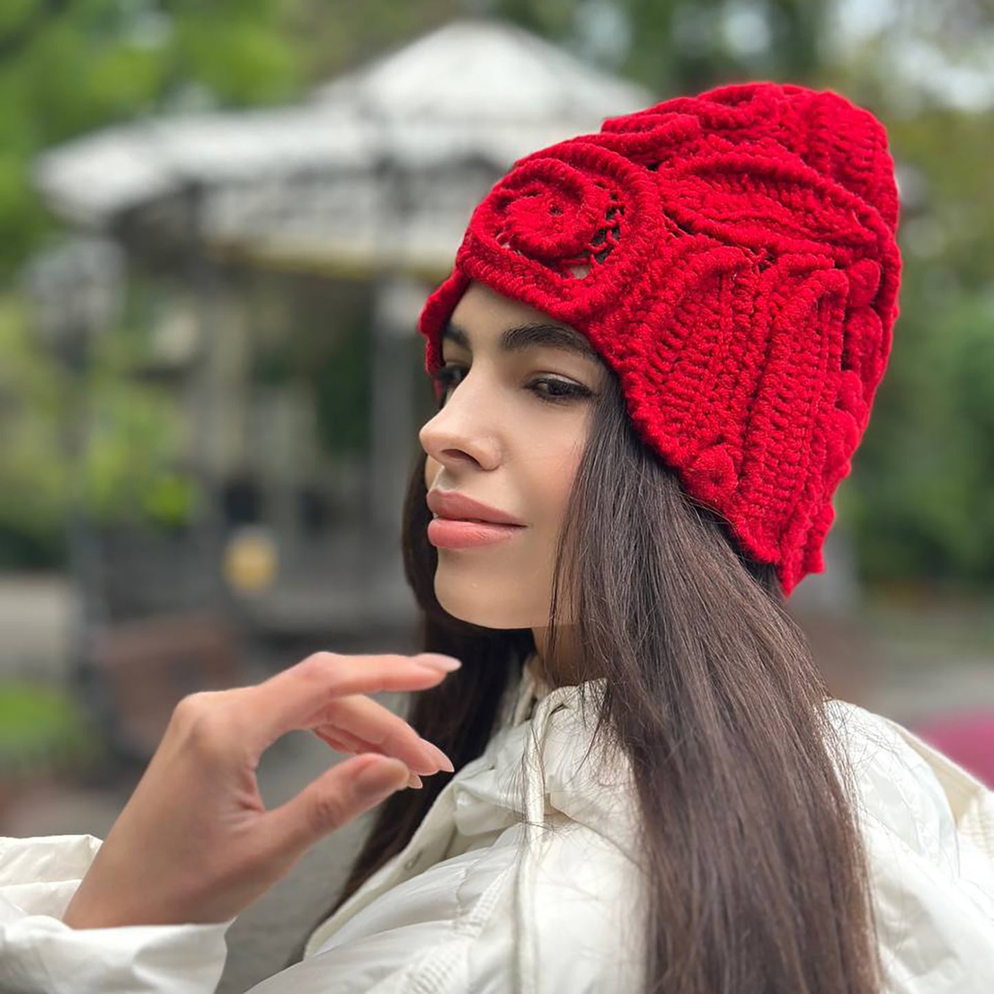 Handmade Red Irish Crochet Hat – Bold & Elegant Winter Statement