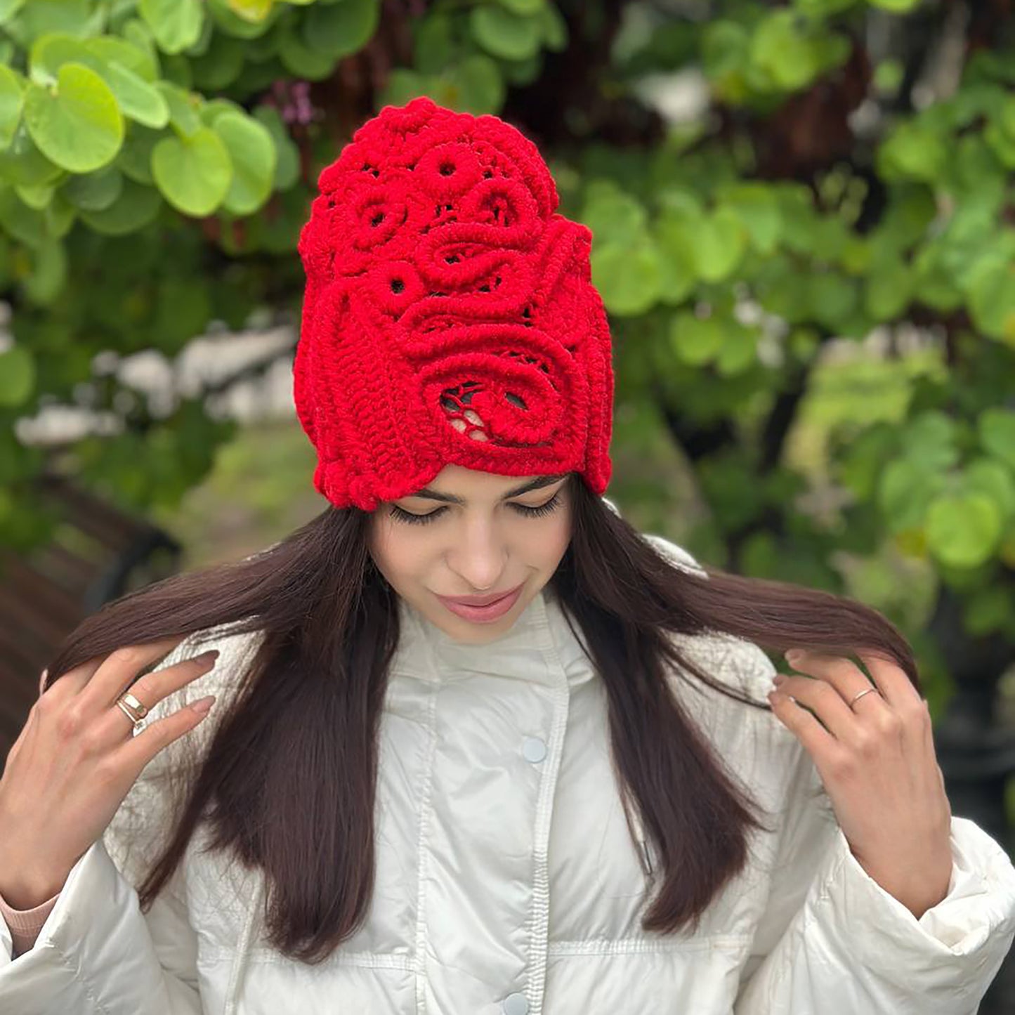 Handmade Red Irish Crochet Hat – Bold & Elegant Winter Statement