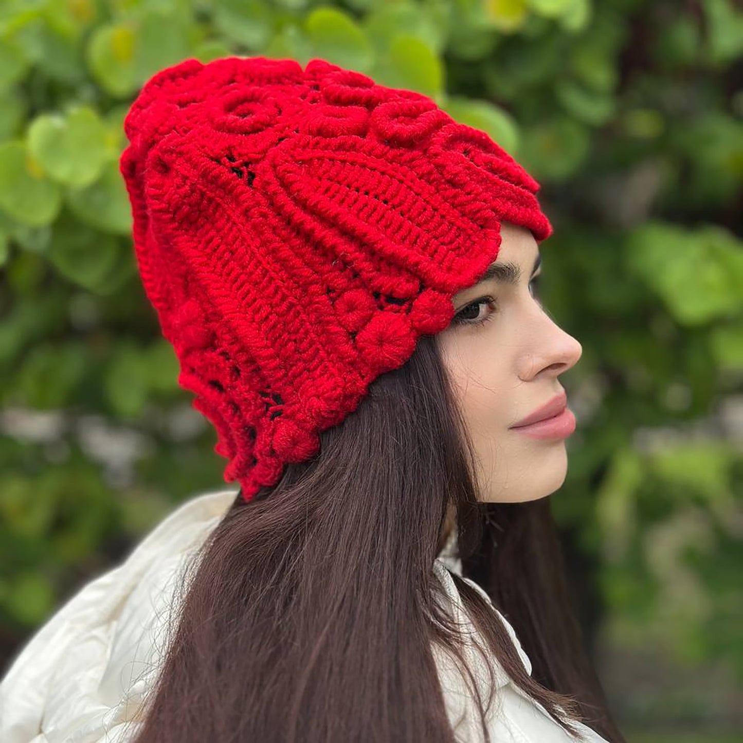 Handmade Red Irish Crochet Hat – Bold & Elegant Winter Statement