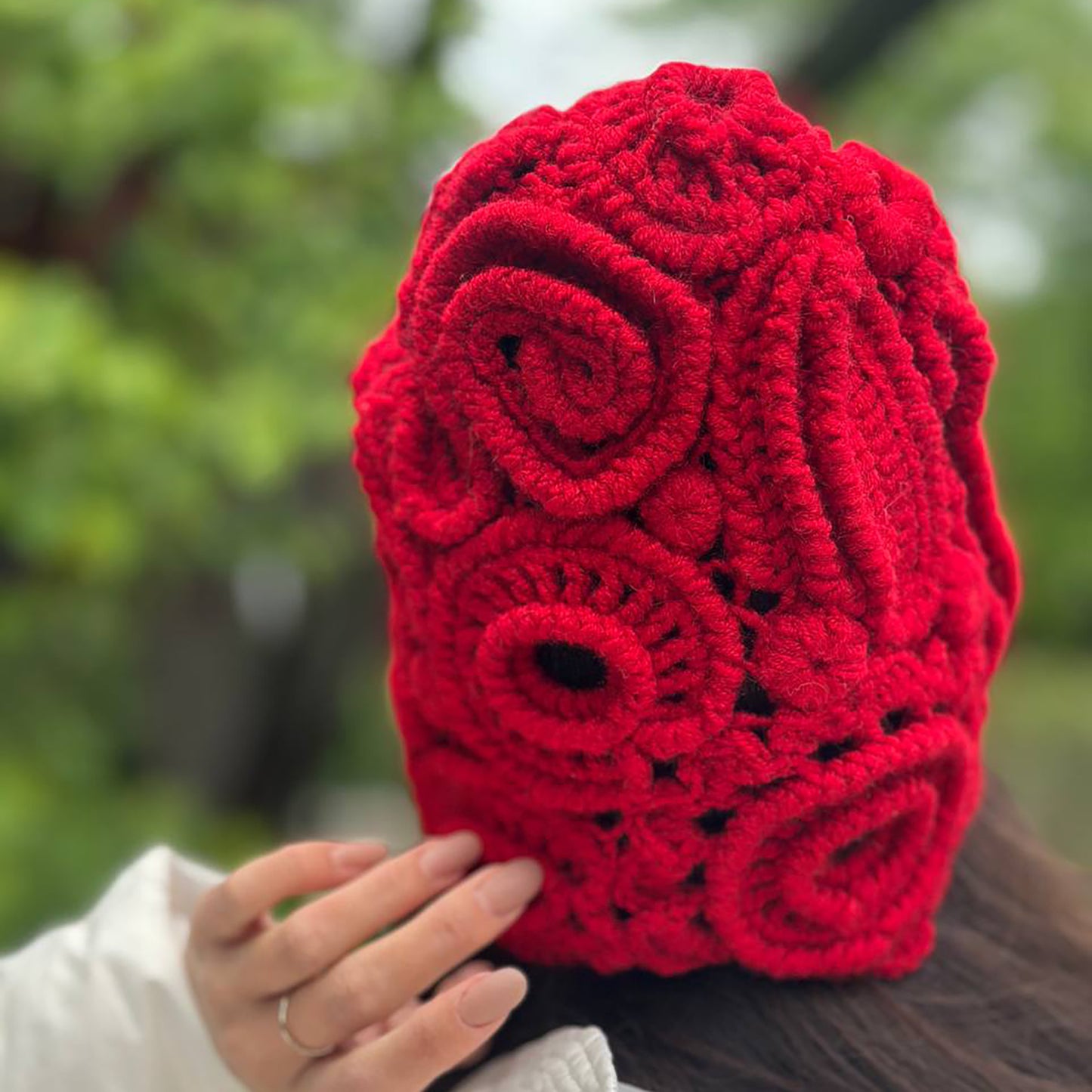 Handmade Red Irish Crochet Hat – Bold & Elegant Winter Statement