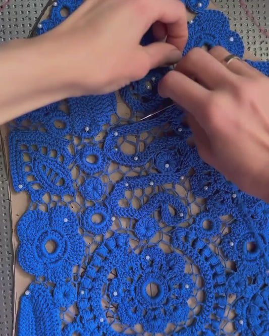 Handcrafted Blue Irish Lace Dress – Timeless Crochet Couture
