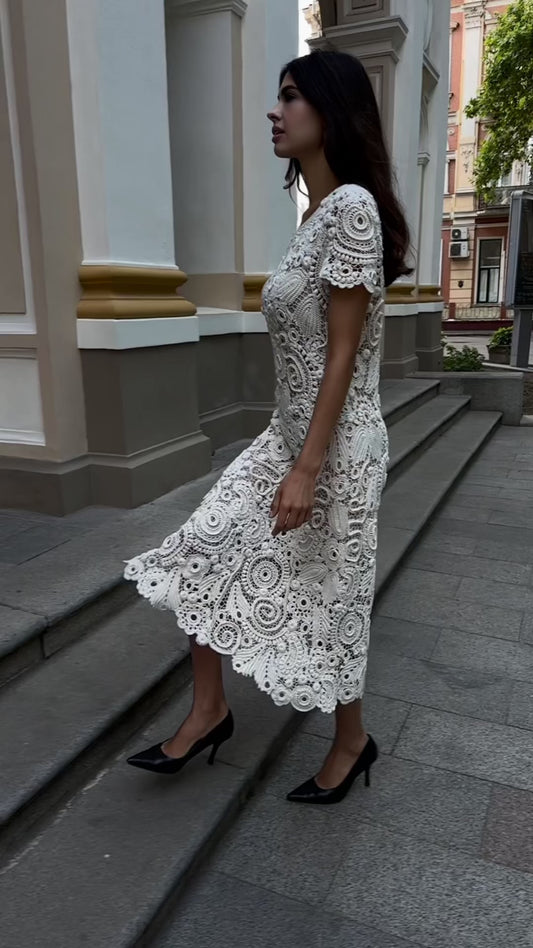 Handcrafted White Irish Lace Dress – Heirloom Crochet Couture