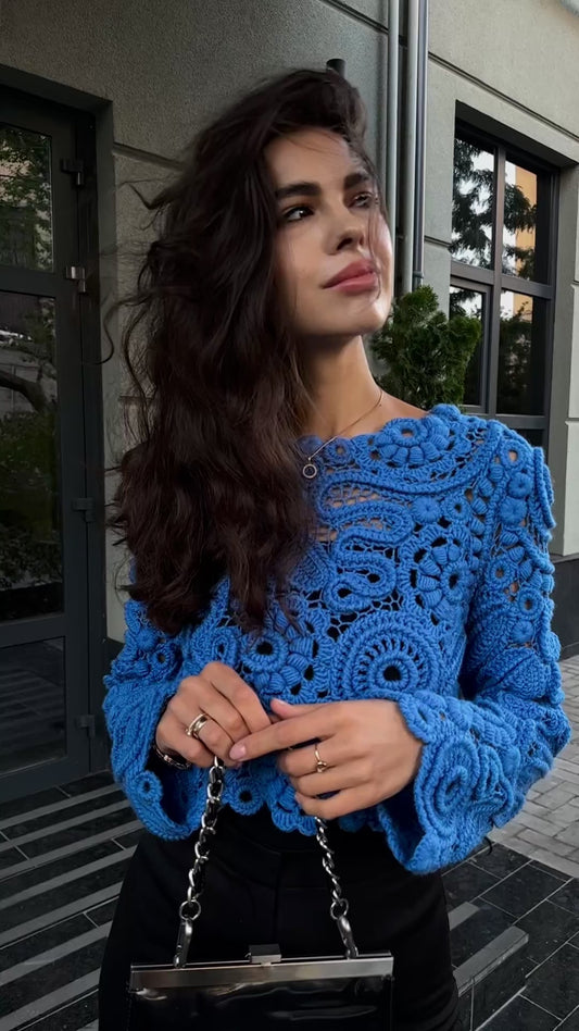 Blue Irish Crochet Sweater – Handmade Luxury Lace Pullover